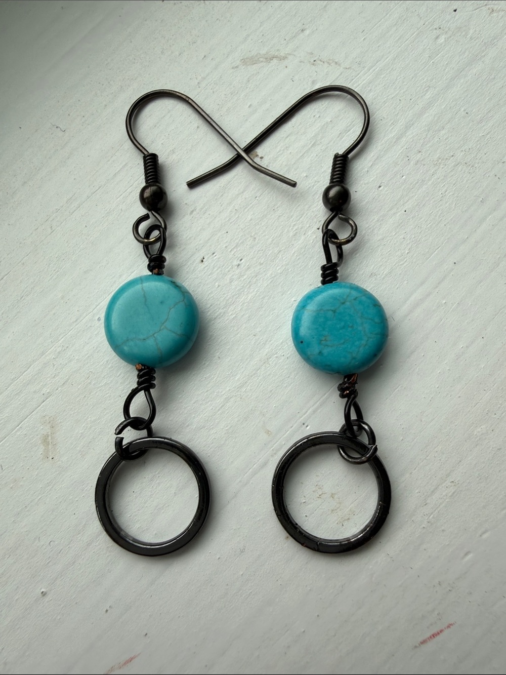 Turquoise Howlite Stone Drop Earrings with Black Rings